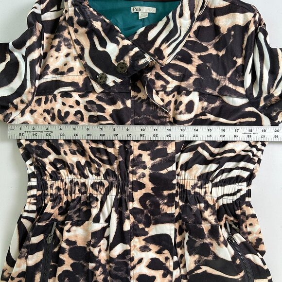 Puli Jacket Size M Black Tan Cinch Waist Zip Snap Animal Print Roll Tab Sleeve - Picture 10 of 13